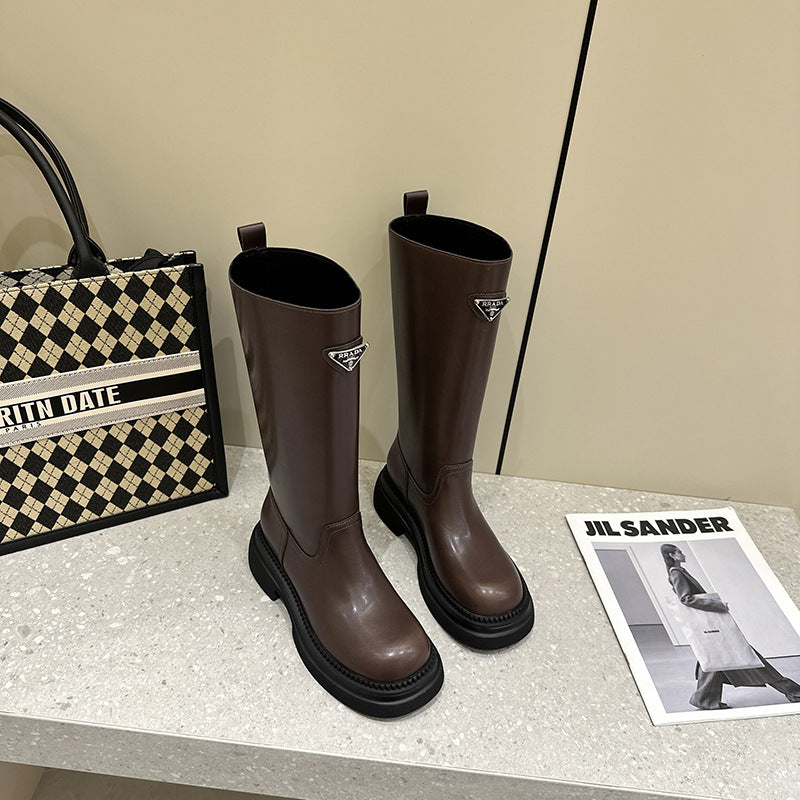 2025 Thick-soled knight boots women's  new trend British style thick heel heightening sleeve Chelsea cowhide medium and high boots