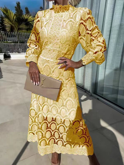 Spring New  Style Lace Stand Collar Puff Sleeve Waist Slimming Dress Graceful European and American Long Dress