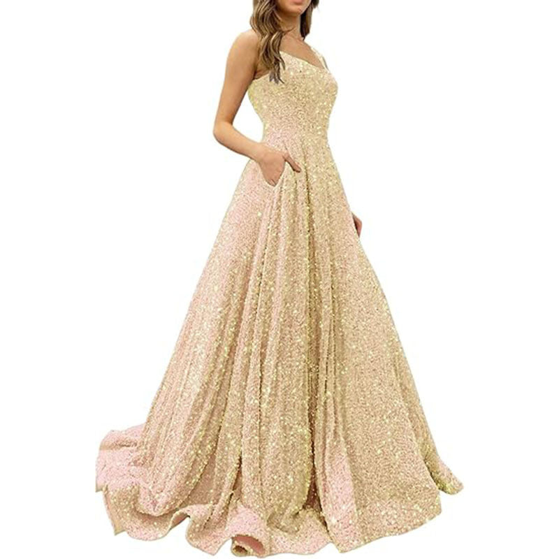 LOVECCR Foreign Trade  Prom Dresses Long A- line Formal Evening Gown with Pockets Side Slit Glitter Party Dress