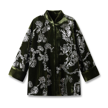 spring new new Chinese satin button-up top national style temperament jacquard green cotton jacket M3016