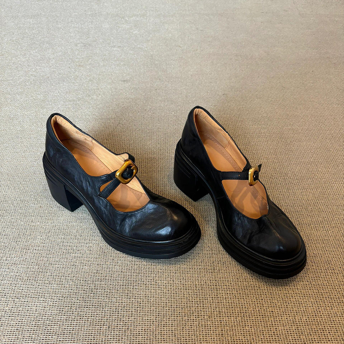2025  British versatile platform round head small leather shoes women's retro light mouth one-word buckle thick heel Mary Jane shoes