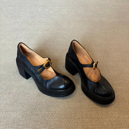 2025  British versatile platform round head small leather shoes women's retro light mouth one-word buckle thick heel Mary Jane shoes