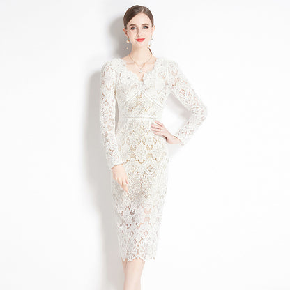 Spring and Autumn Premium Beige Heavy Industry Lace Long Sleeve V-Neck Dress High Waist Slim Fit Paper Man Pencil Long Dress