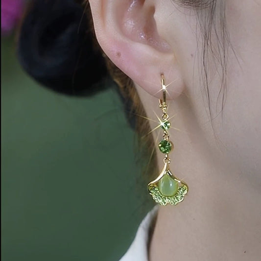 popular new diamond-encrusted green opal ginkgo leaf earrings women's niche design long ear buckle temperament earrings