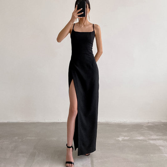 2025  summer new  square neck sleeveless suspender skirt slim-fitting long skirt slim high split black dress