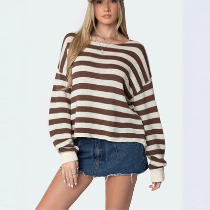 New new  knitted top women's casual loose striped long-sleeved pullover sweater women