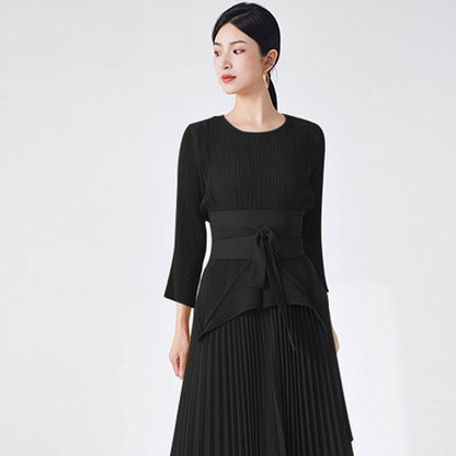2025 Spring and summer new women's clothing long-sleeved T-shirt women's high-end pleated texture bottoming shirt versatile solid color textured top women