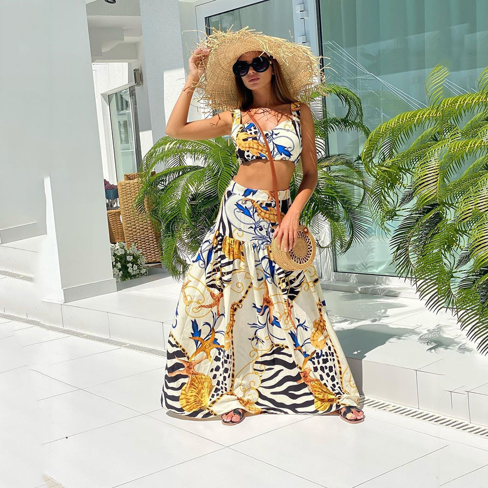 2025 Spring and Summer New  Women's Clothing Sexy Temperament Suspender Printed Dress Set Beach Dress Two-piece Pack