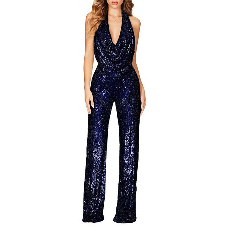 Spot 2025 new  2025 summer New jumpsuit women's sleeveless neck sequined jumpsuit women