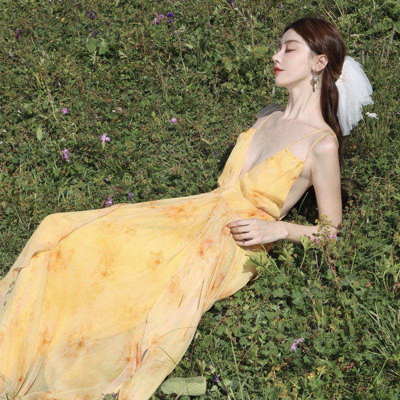2025 Super fairy atmosphere vacation wind sun smudged yellow halter suspender dress summer travel beach photo dress