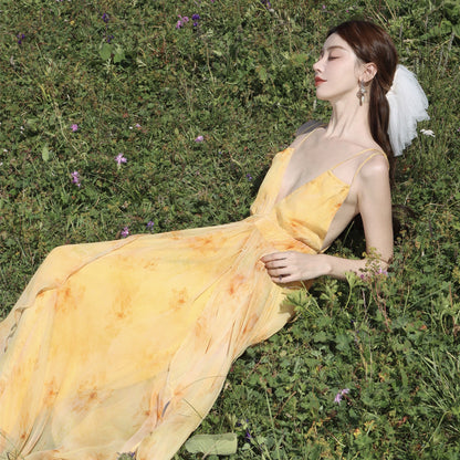 2025 Super fairy atmosphere vacation wind sun smudged yellow halter suspender dress summer travel beach photo dress