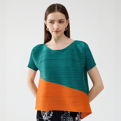 summer new Korean version fashion pleated design sense round neck short sleeve loose contrasting casual t-shirt top women