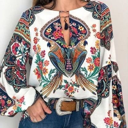 2025 spring and summer new women's clothing personalized women's clothing digital printing round neck lantern sleeve shirt 5006 in stock