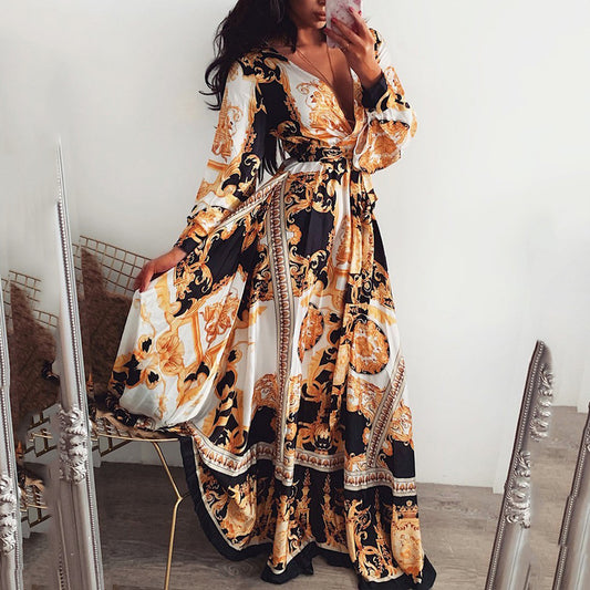 2025 New New evening dress 2025 printed dress V-neck pullover retro long-sleeved big swing split long dress