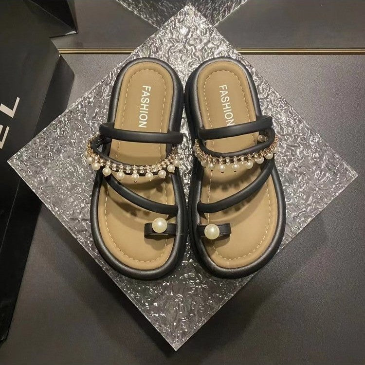 Women's Thick-Soled Chain Pearl Sandals Summer  New Toe Covering with Skirt Casual Beach Sandals