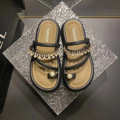 Women's Thick-Soled Chain Pearl Sandals Summer  New Toe Covering with Skirt Casual Beach Sandals