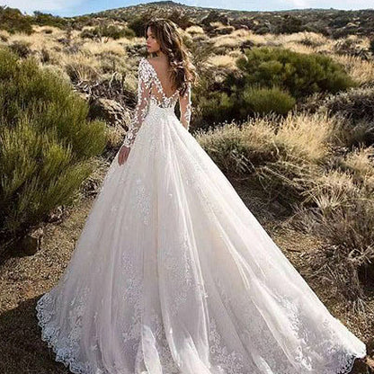 2025 New  Women's Clothing  Dress Long Sleeve Solid Color Perspective Lace Bridal Wedding Dress