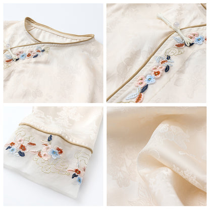 popular New Chinese-style retro diagonal placket buckle cuffs embroidered loose and thin silk top women's M5081