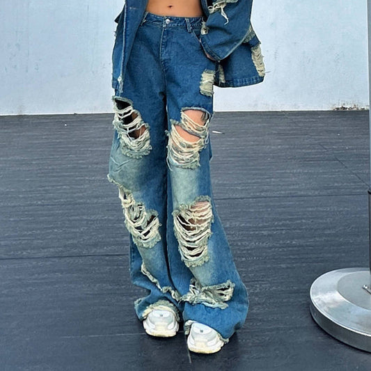 2025 Personalized fashion jeans  spring new versatile ripped design sense worn straight long wide-leg pants women