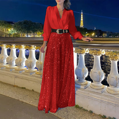 New women's clothing  new models, fashionable V-neck long-sleeved shirt temperament elegant waist and thin sequins wide legs