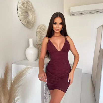 LOVECCR Temperament V-neck suspender hip skirt mesh dress sleeveless 2025 Popular trade New high-end women's clothing showing thin base