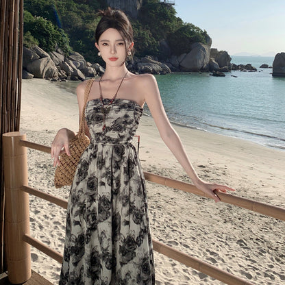 2025 Ink floral tube top shoulder suspender dress women's new waist thin sexy backless long skirt