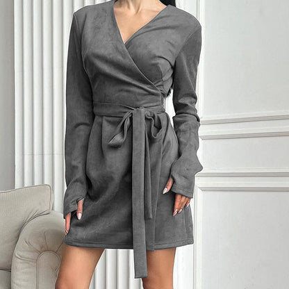 2025 Maillard style suede new long-sleeved lace-up dress popular  autumn fashion matte velvet short skirt women