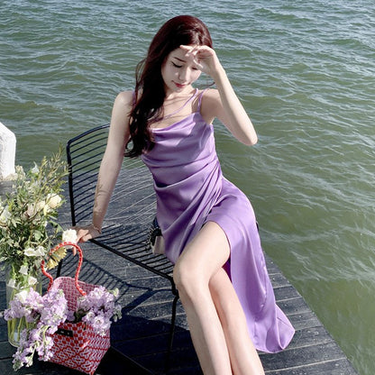 2025 pure desire wind acetic acid satin suspender dress women's summer chic texture high-end waist long skirt
