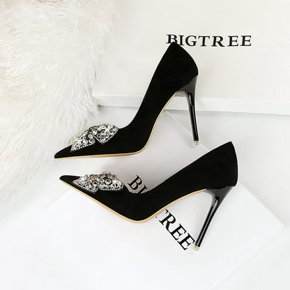 LOVECCR 2025 9511-H29  banquet high heels thin heel super high heel suede shallow mouth pointed rhinestone bow single shoes women