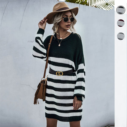 LOVECCR popular autumn and winter  New 2025 striped knitted sweater women's loose lazy style medium and long thick needle sweater skirt