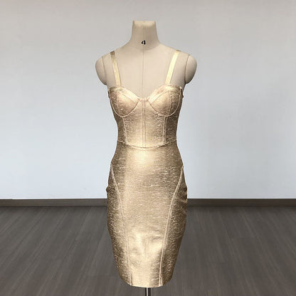 LOVECCR  Cross-Border High-End Bronzing Stretch Sleeveless Sling Skinny Fashion Tube Top Party Evening Dress Bandage Sheath Dress