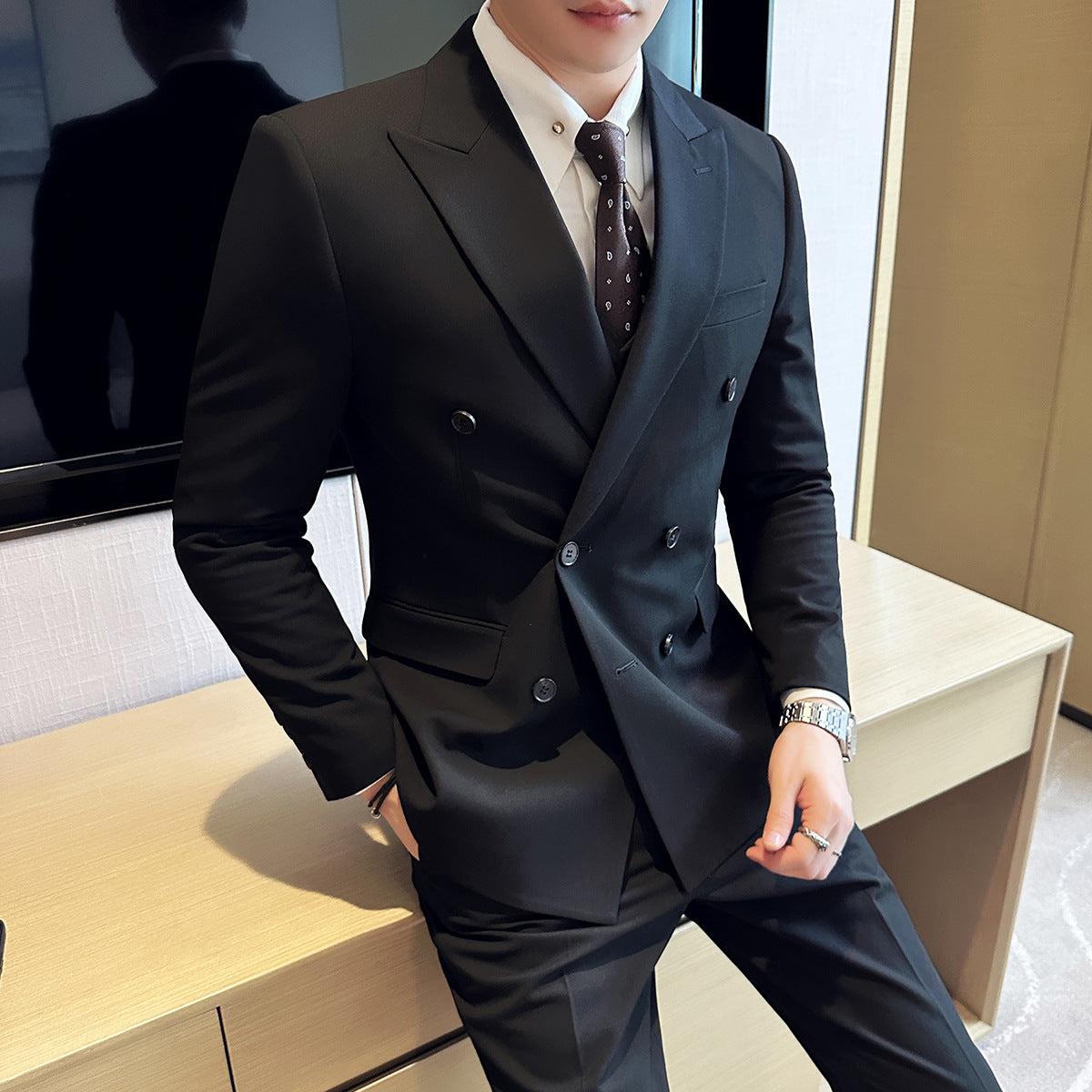 LOVECCR  British Style Double Breasted Suit Men's Suits Business Casual Formal Wear Groom Wedding Suit Suit Three-Piece Set
