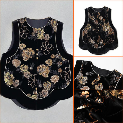 spring new national style new Chinese temperament vest light luxury sequins embroidered mulberry silk vest women MZ093