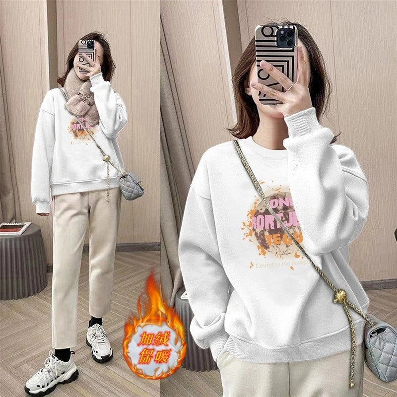 spring and autumn Korean version of fashion small round neck pullover fleece sweater long sleeve loose tide ins style top