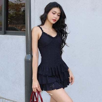 LOVECCR 2025 AC083 Casual and sexy perspective backless lace suspender dress, girlish suspender short skirt pure small black dress summer