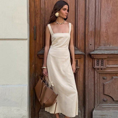 2025 spring and summer fashion new cotton and linen square neck suspender backless dress  fashion New wholesale medium and long dress