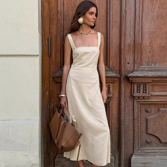 2025 spring and summer fashion new cotton and linen square neck suspender backless dress  fashion New wholesale medium and long dress