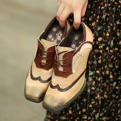 loveccr  Cross-Border New Arrival in Stock Genuine Leather Vintage Style Contrast Color Brogue Casual Women's Chunky Heel High Heels