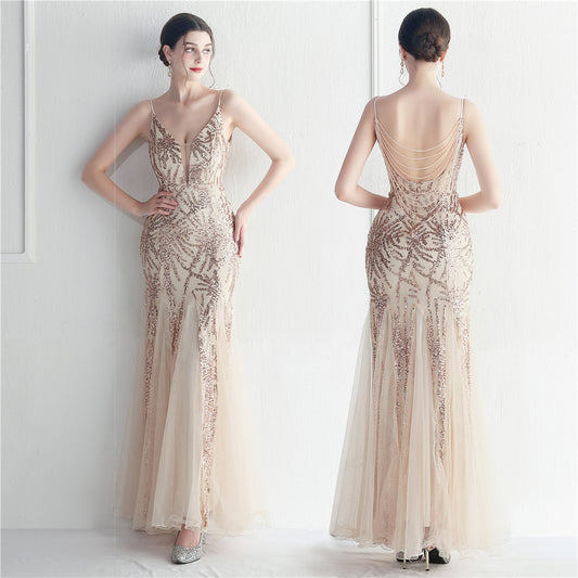 19998 #Popular mesh beaded sequined dress star event exhibition stage long evening dress dress