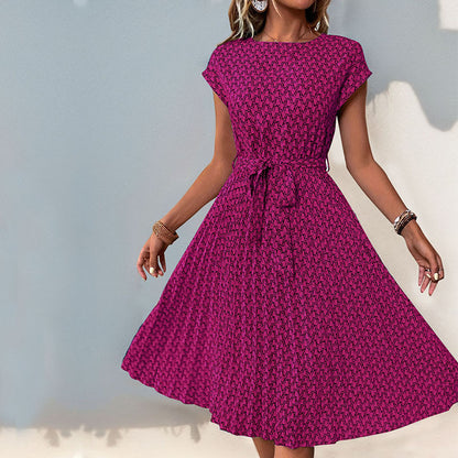 LOVECCR Summer short-sleeved lace-up pleated dress  temu hot sale fashionable women's clothing elegant temperament simple skirt