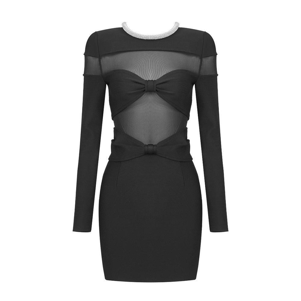 LOVECCR popular autumn and winter new bow mesh diamond strip bandage dress New black long-sleeved semi-transparent inner women's clothing