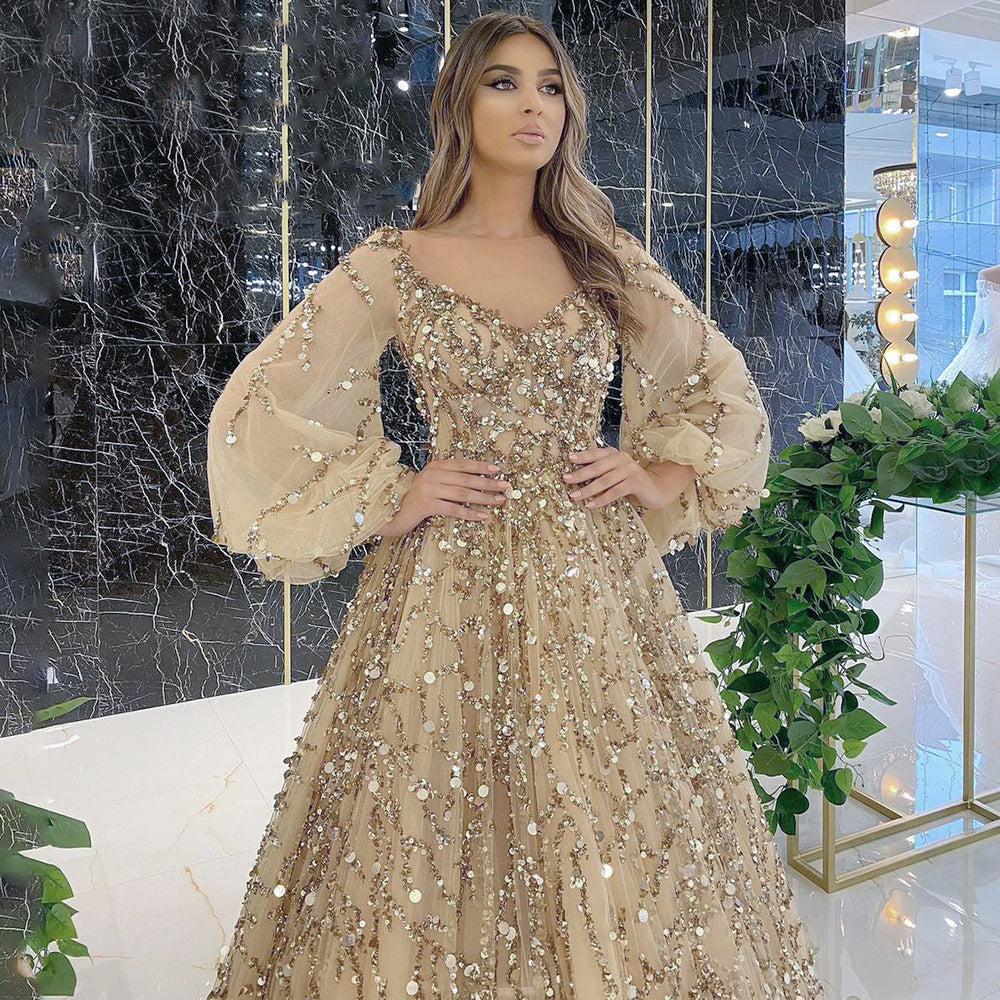 2025 New new gold heavy industry beads luxury evening dress sexy celebrity aura queen long dress SC7109