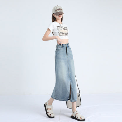 Lyocell Denim Skirt Women's Summer Thin High Waist Loose Split Ice Silk A- line Medium Long Sheath Skirt