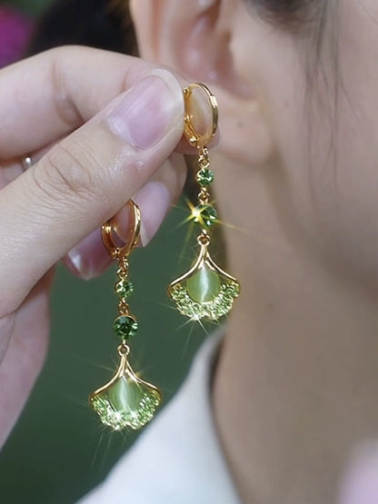 popular new diamond-encrusted green opal ginkgo leaf earrings women's niche design long ear buckle temperament earrings