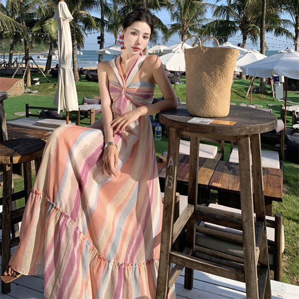 2025 Dopamine wear rainbow stripes candy color tie-dye gradual change backless dress seaside vacation neck dress women