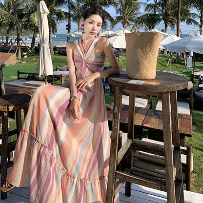 2025 Dopamine wear rainbow stripes candy color tie-dye gradual change backless dress seaside vacation neck dress women