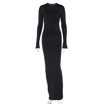 LOVECCR style cross-border women's clothing  summer new fashionable solid color round neck personalized pleated slim-fitting long-sleeved dress