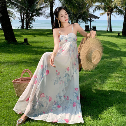 2025 Little fairy print skirt fairy suspender floral dress summer dopamine seaside vacation beach dress