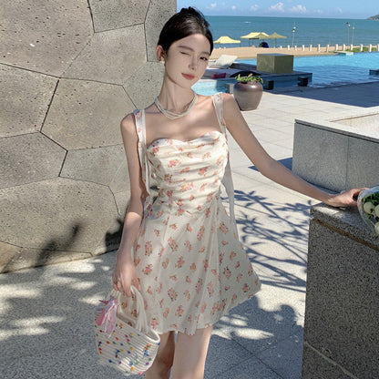 2025 Seaside beach vacation wind super fairy short skirt children sexy swinging collar streamer backless suspender floral very fairy dress