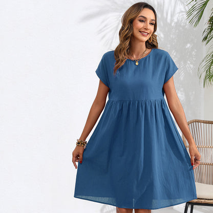 Cross-Border Foreign Trade   European and American Fashion Summer Ol Temperament Cotton Linen round-Neck A- line Skirt Pocket Dress